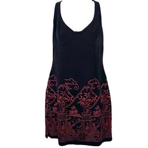 Nicole Miller Black Red Embroidered Cocktail Dress Asian Japanese Dress 10 EUC